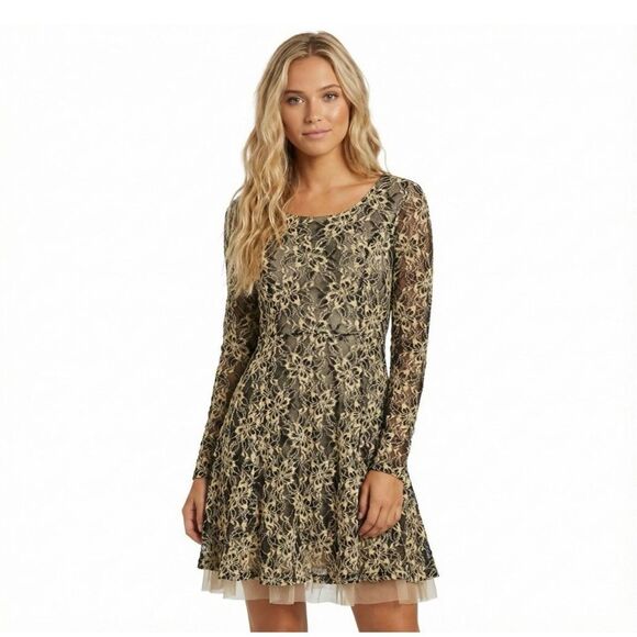 Altar'd State Black Lace Mini Dress Small Long Sleeve Tulle Fit Flare Holiday - Picture 1 of 6